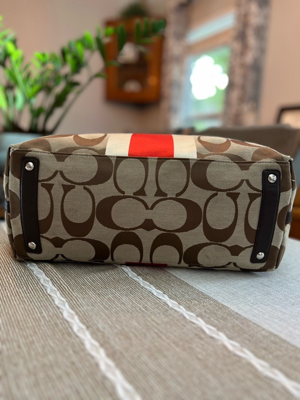 Coach Brown Signature Canvas Tote with Red and White Center Stripe - Picture 4 of 14